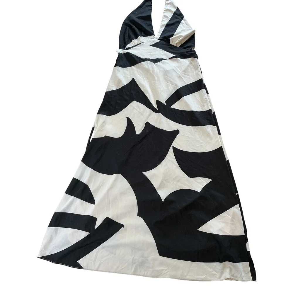 Bardot Black White Abstract Halter Maxi Dress Plunging V-Neck Open Back Size 12